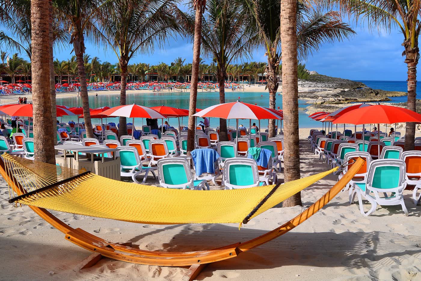 Hammock and umbrellas at Hideaway Beach, Perfect Day at CocoCay