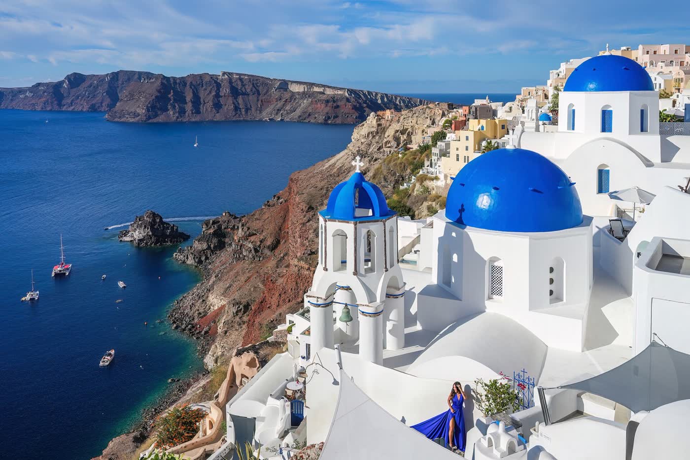 Blue domes of Oia above the caldera, Santorini